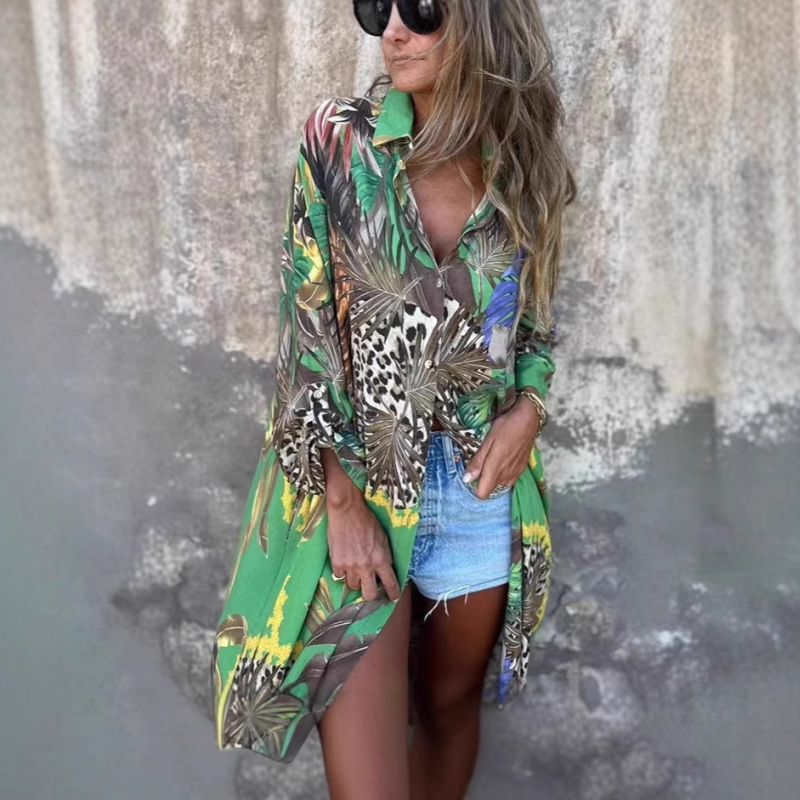 Roelie | Tropical Print Long Sleeve Shirt Dress