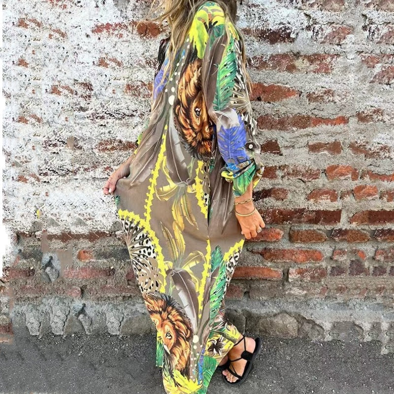 Roelie | Tropical Print Long Sleeve Shirt Dress