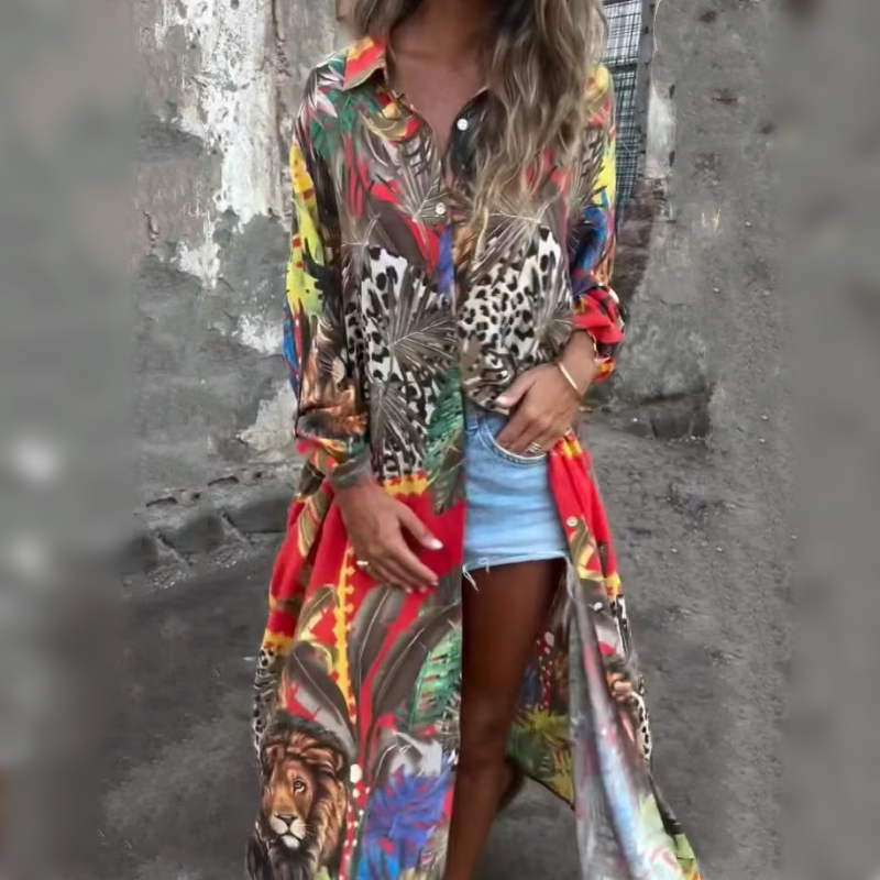 Roelie | Tropical Print Long Sleeve Shirt Dress