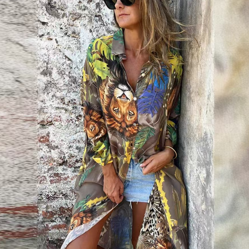 Roelie | Tropical Print Long Sleeve Shirt Dress