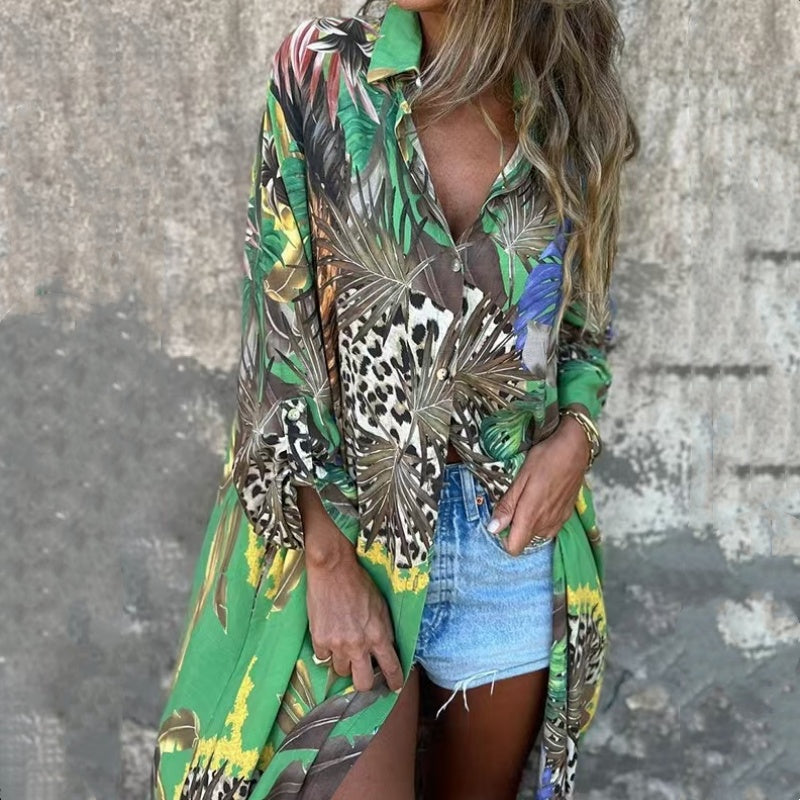Roelie | Tropical Print Long Sleeve Shirt Dress