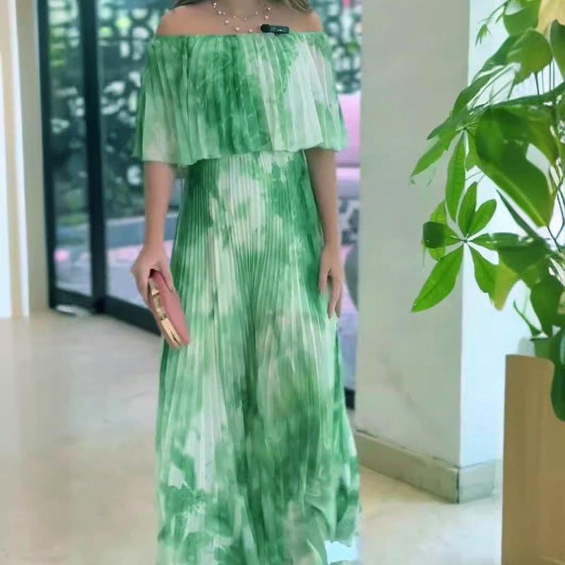 Vinelia | Off Shoulder Pleated Printed Maxi Dress