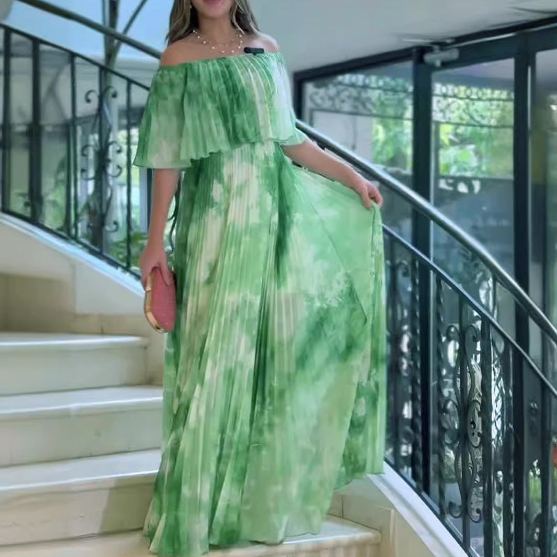 Vinelia | Off Shoulder Pleated Printed Maxi Dress