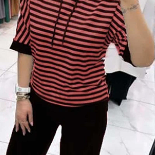 Dwiska | Hooded Striped Short Sleeve Top