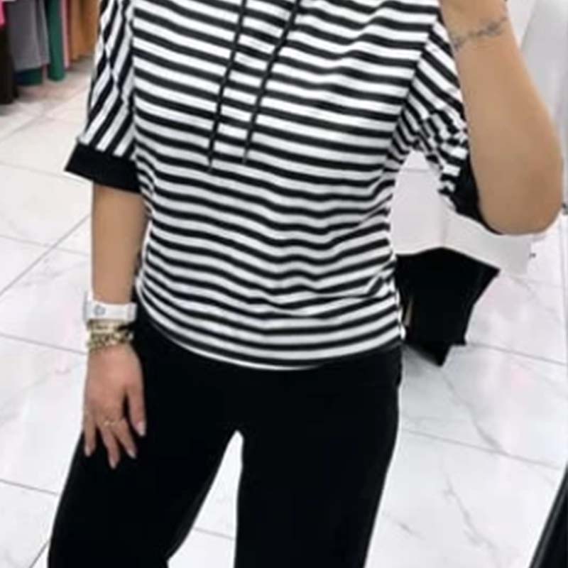 Dwiska | Hooded Striped Short Sleeve Top