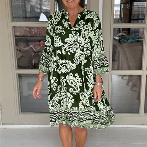 Viloura | V Neck Floral Print Midi Dress