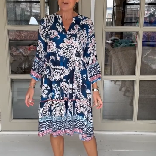 Viloura | V Neck Floral Print Midi Dress