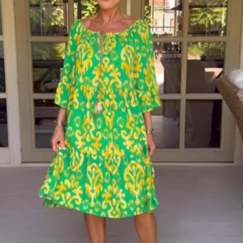 Toula | Printed Loose Fit Round Neck Midi Dress