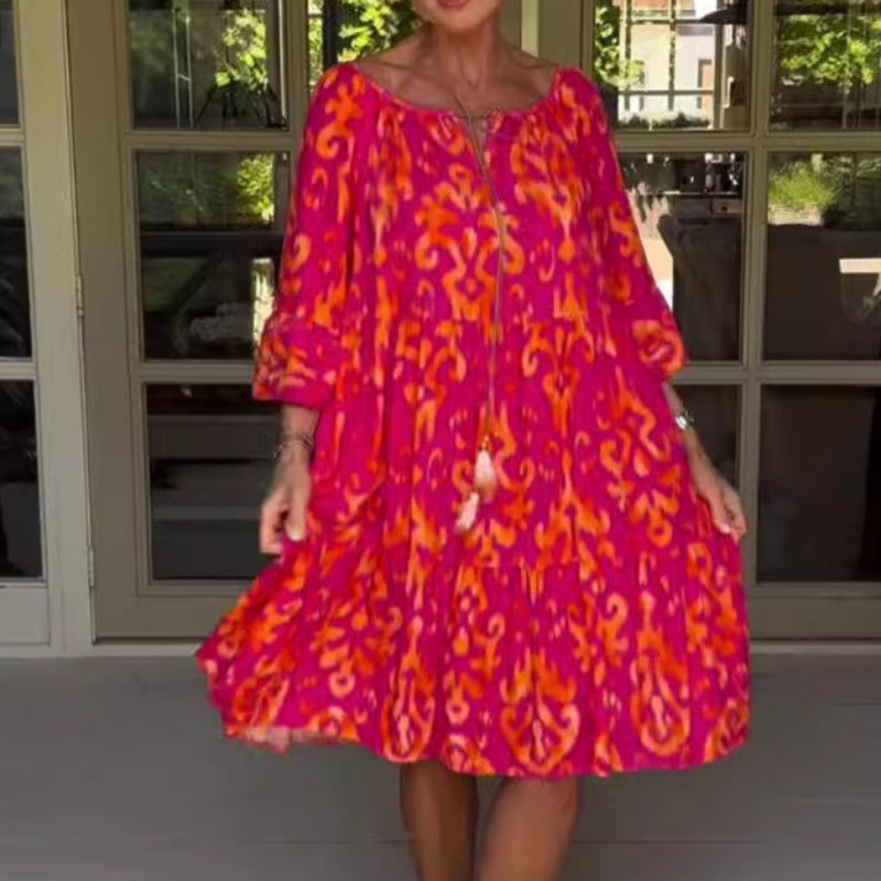 Toula | Printed Loose Fit Round Neck Midi Dress