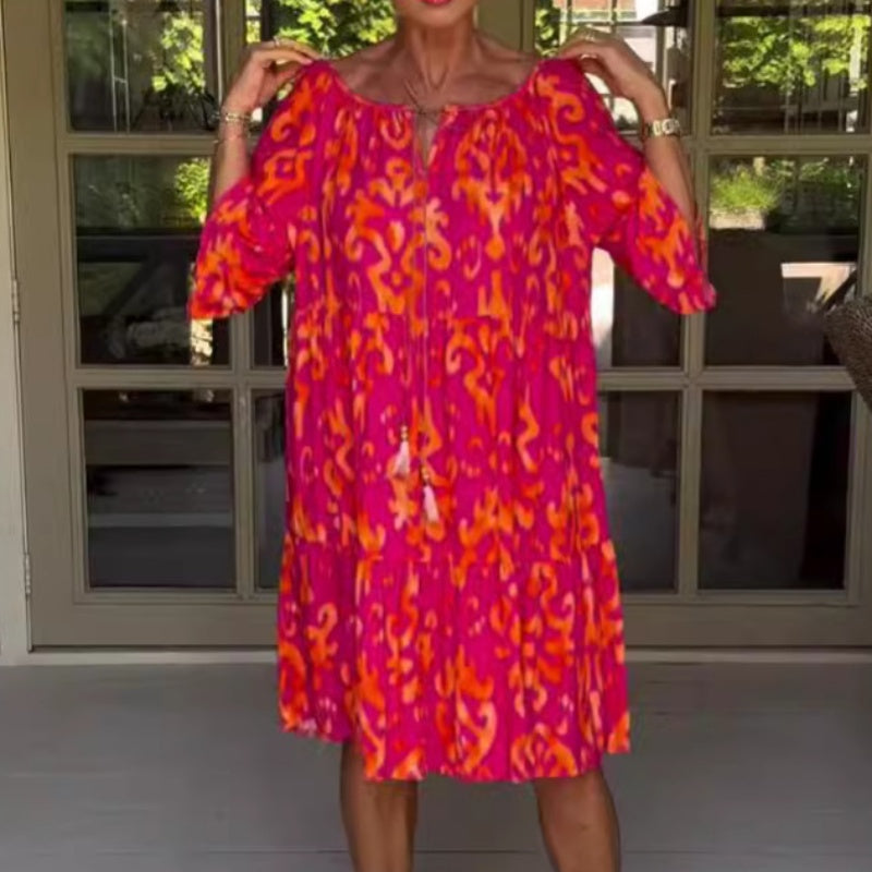 Toula | Printed Loose Fit Round Neck Midi Dress