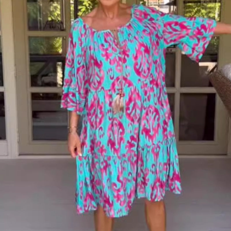 Toula | Printed Loose Fit Round Neck Midi Dress