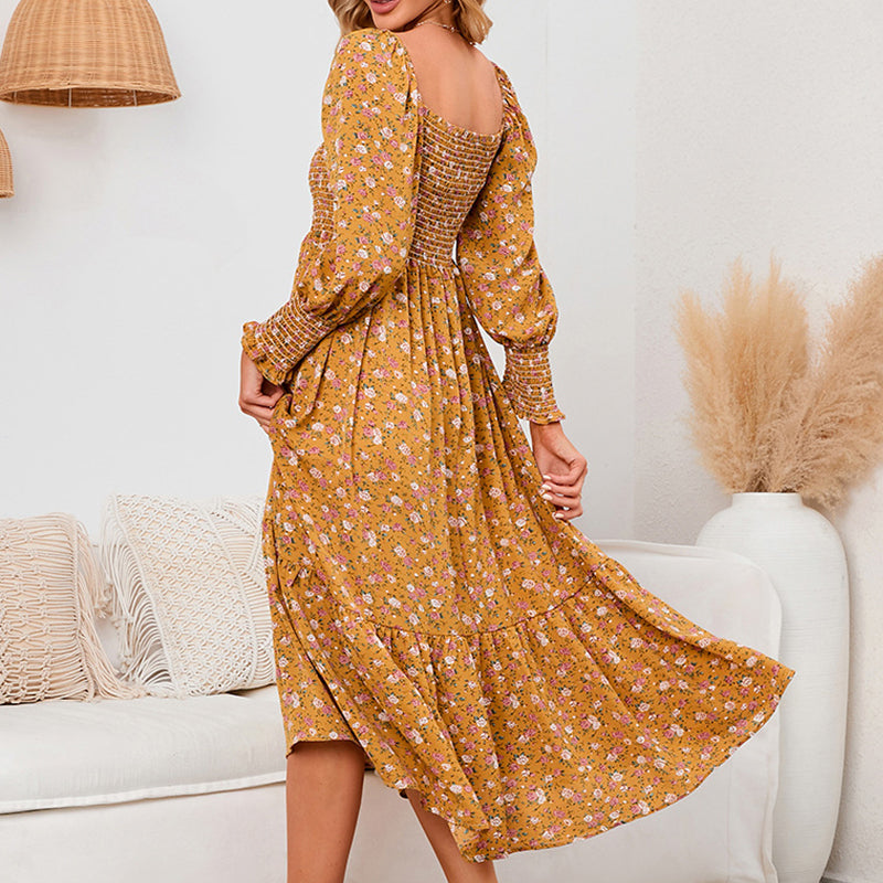 Vasilya | Floral Smocked Square Neck Midi Dress