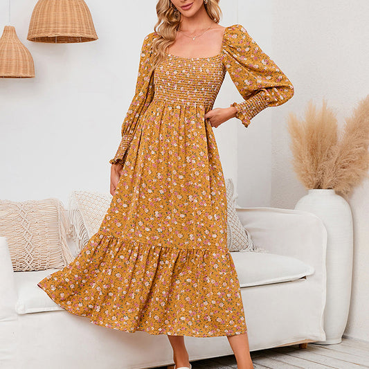 Vasilya | Floral Smocked Square Neck Midi Dress
