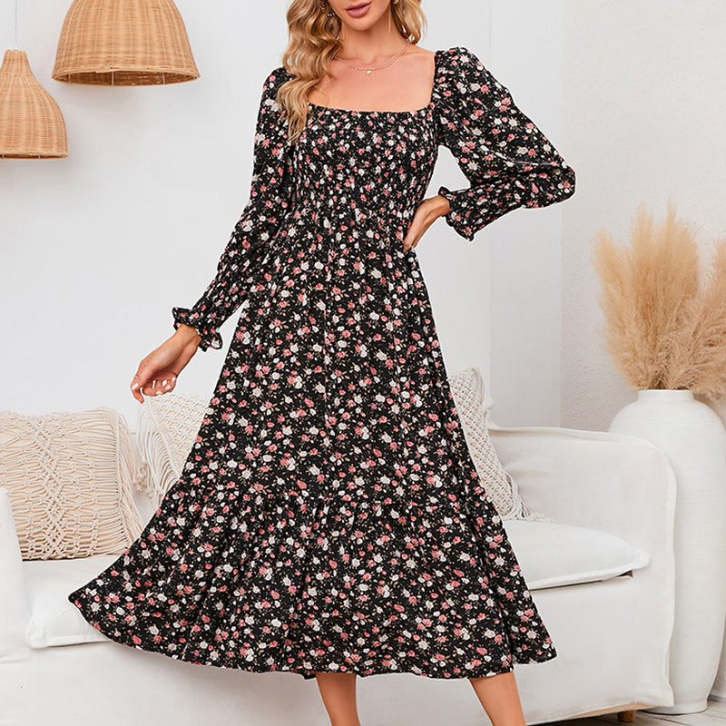 Vasilya | Floral Smocked Square Neck Midi Dress