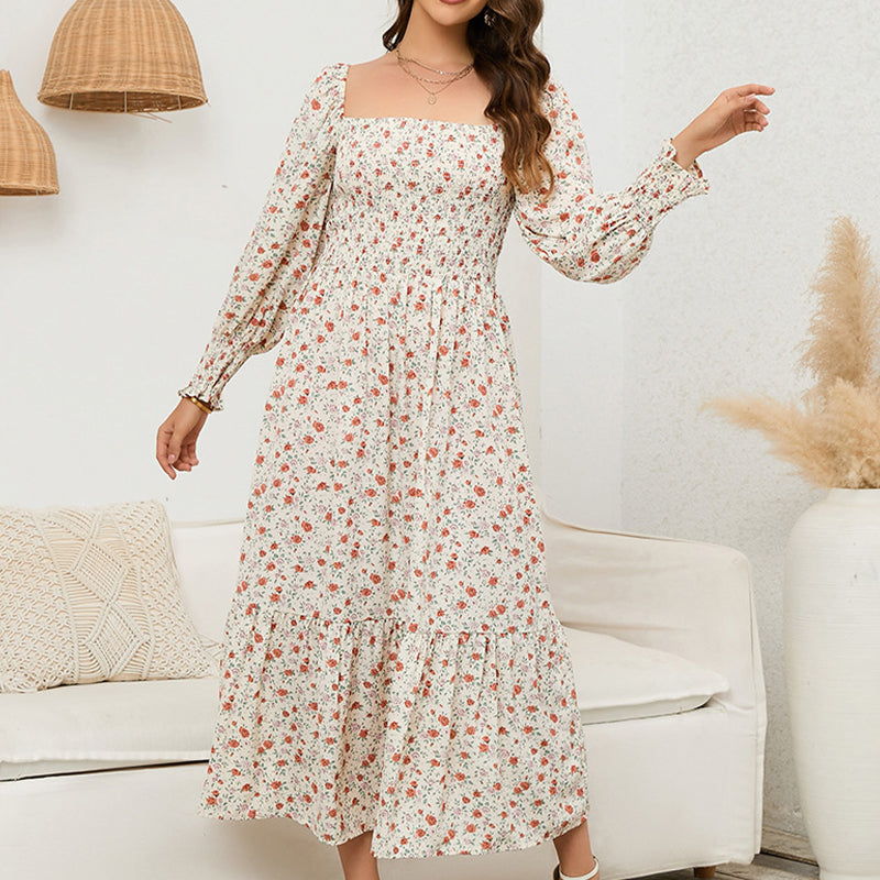 Vasilya | Floral Smocked Square Neck Midi Dress