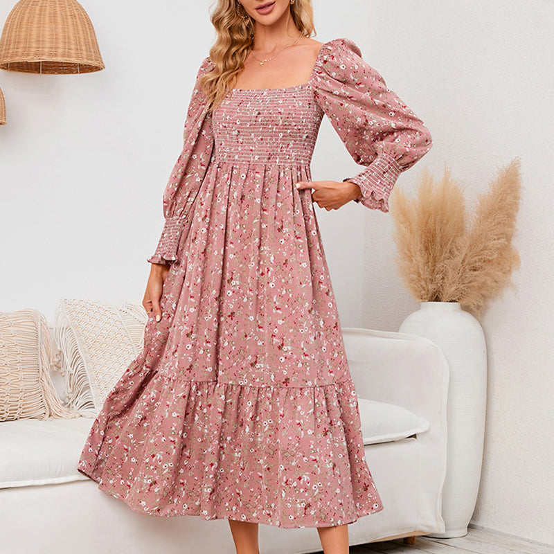 Vasilya | Floral Smocked Square Neck Midi Dress