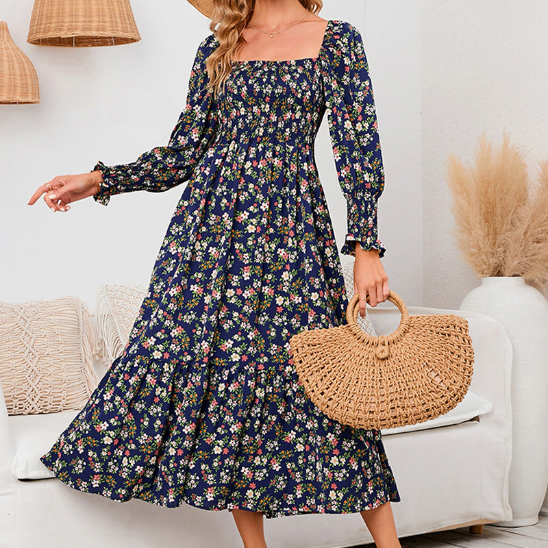 Vasilya | Floral Smocked Square Neck Midi Dress