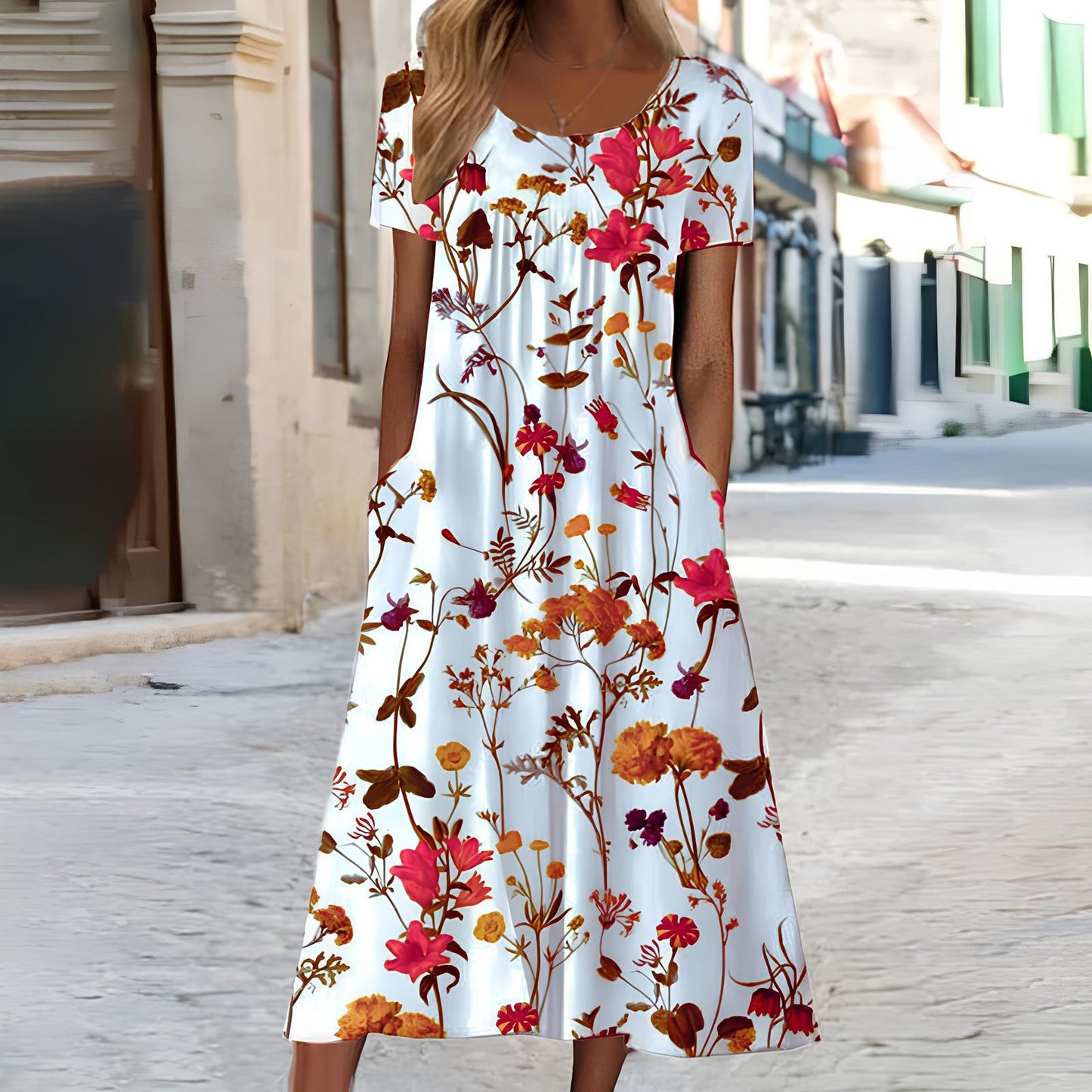 Ndatipo | White Floral Print Short Sleeve Midi Dress