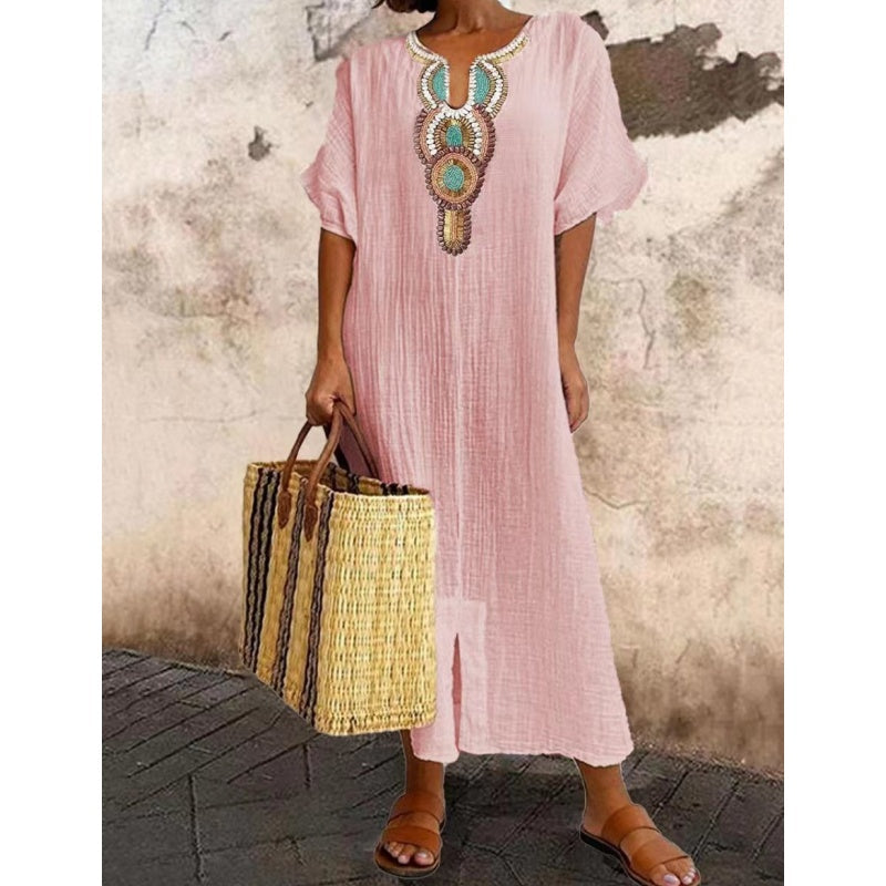 Lioba |  Embroidered V-Neck Short Sleeve Midi Dress