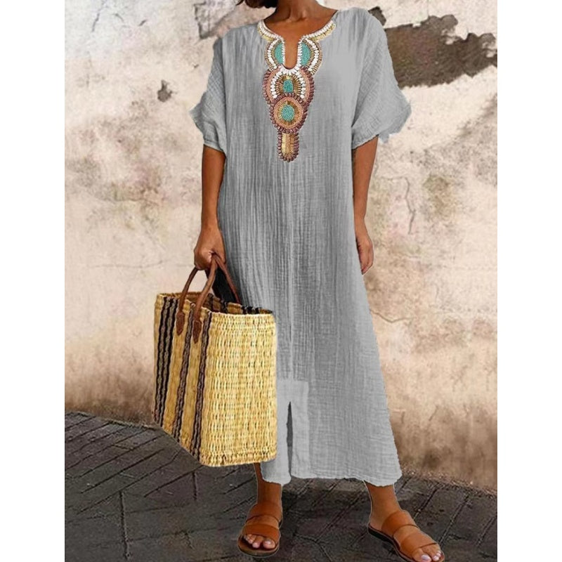 Lioba |  Embroidered V-Neck Short Sleeve Midi Dress