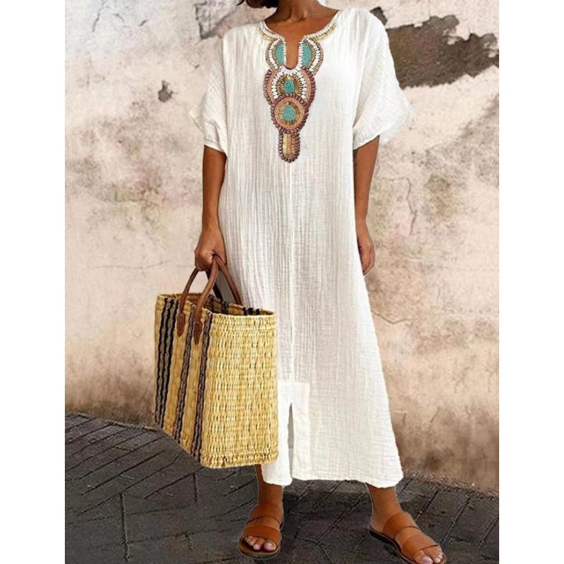 Lioba |  Embroidered V-Neck Short Sleeve Midi Dress
