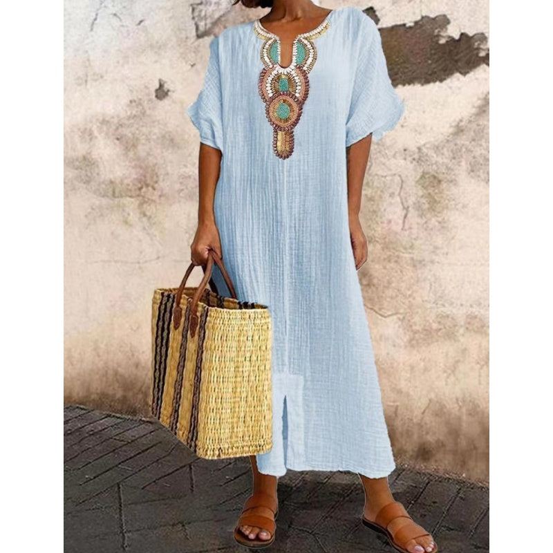 Lioba |  Embroidered V-Neck Short Sleeve Midi Dress