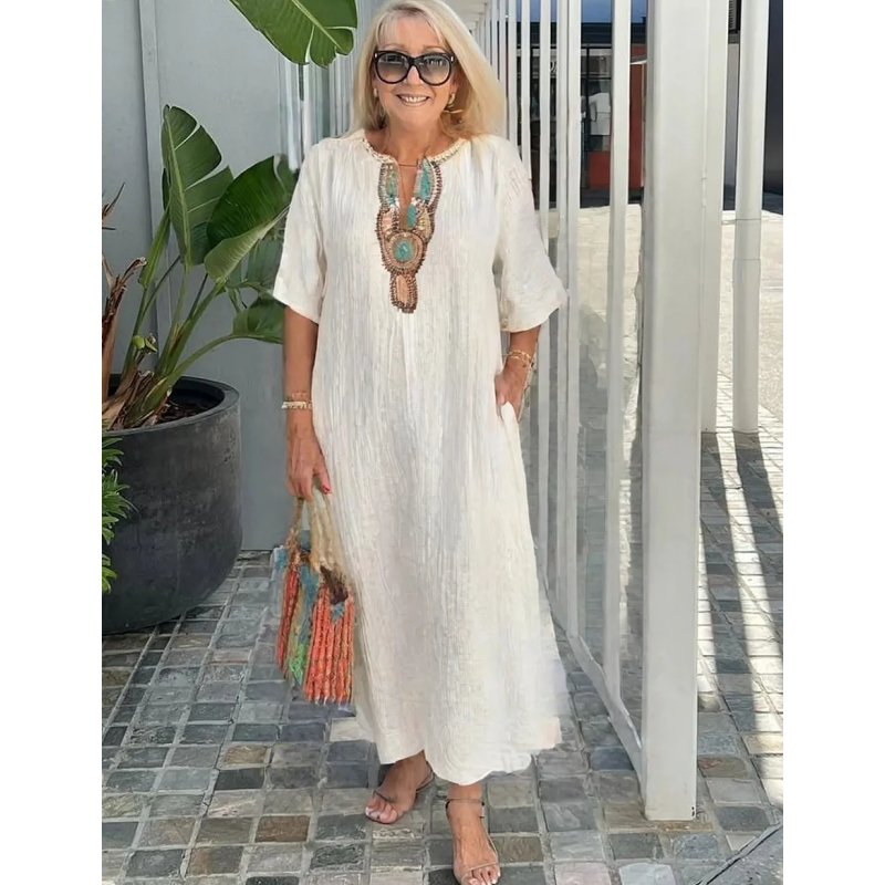 Lioba |  Embroidered V-Neck Short Sleeve Midi Dress