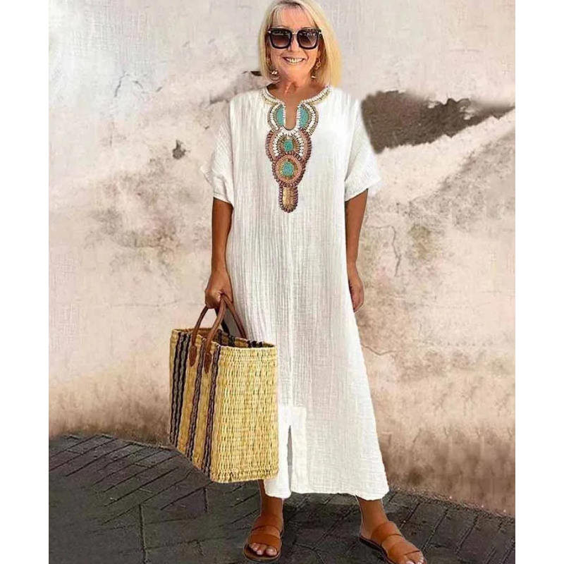 Lioba |  Embroidered V-Neck Short Sleeve Midi Dress