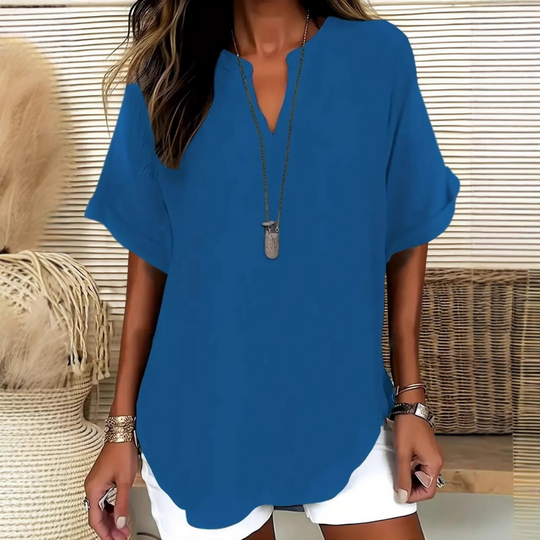 Seleana | V Neck Short Sleeve Loose Blouse