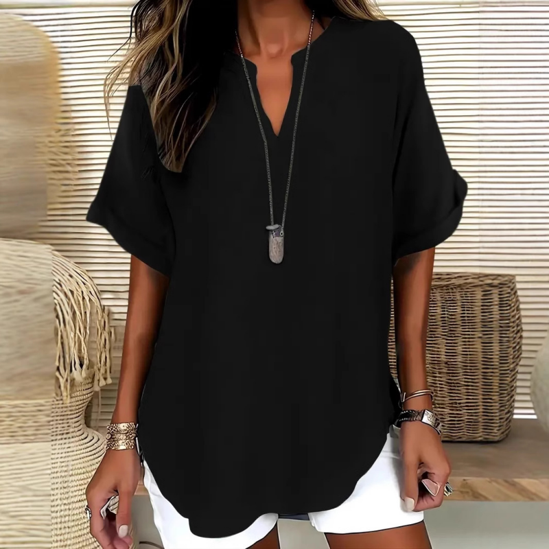Seleana | V Neck Short Sleeve Loose Blouse