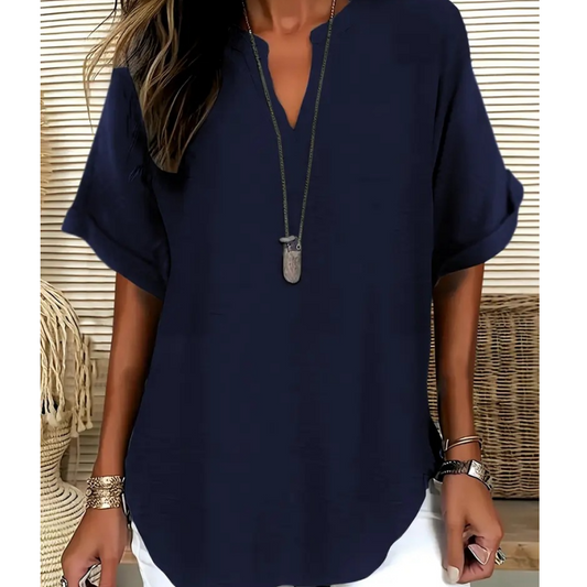 Seleana | V Neck Short Sleeve Loose Blouse