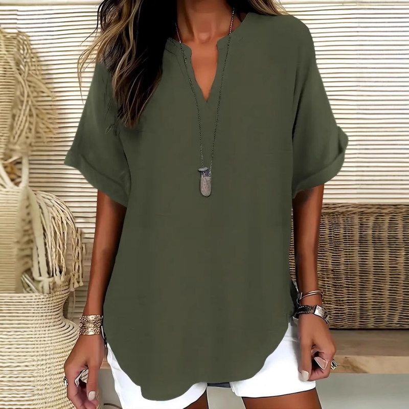 Seleana | V Neck Short Sleeve Loose Blouse