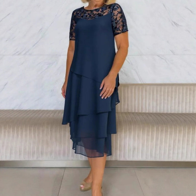Relasha - Navy Lace Overlay Midi Dress