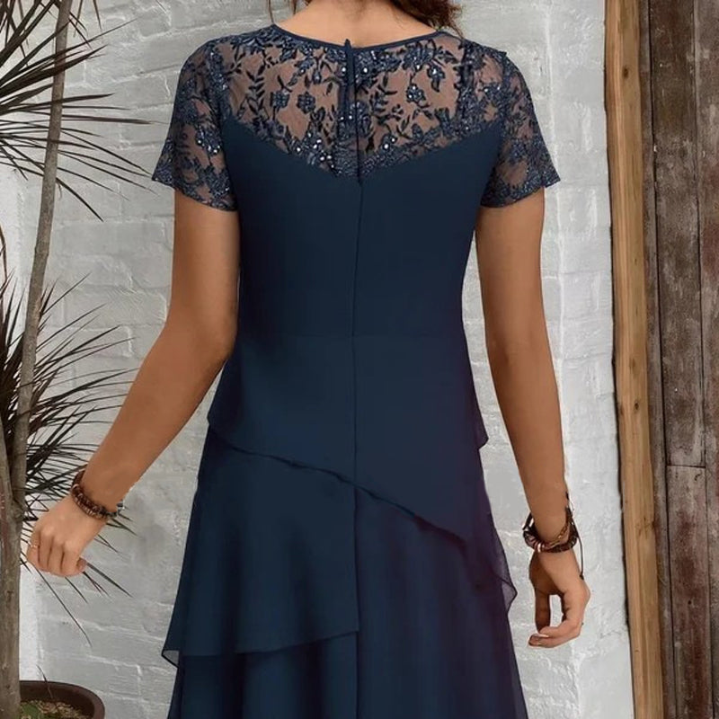 Relasha - Navy Lace Overlay Midi Dress