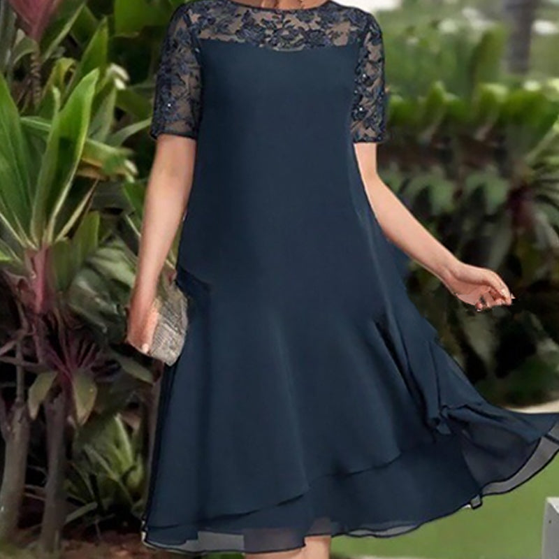 Relasha - Navy Lace Overlay Midi Dress