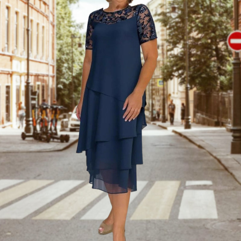 Relasha - Navy Lace Overlay Midi Dress