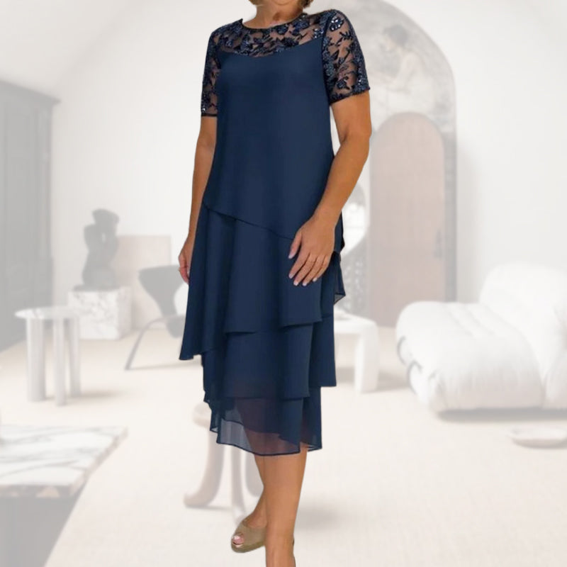 Relasha - Navy Lace Overlay Midi Dress