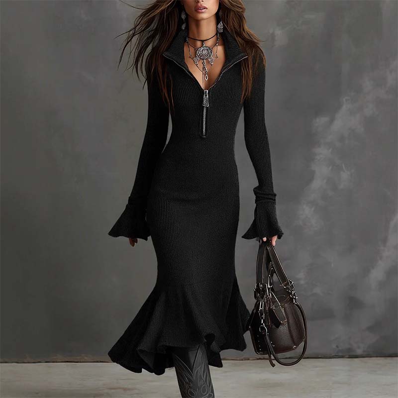 Yafella | Ribbed Knit Zip-Neck Flared Midi Dress