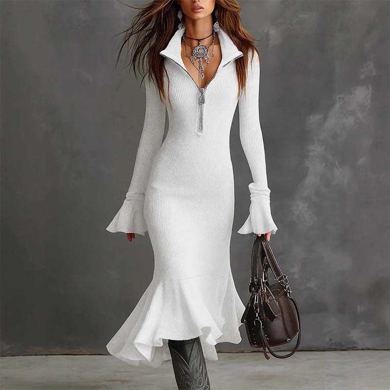 Yafella | Ribbed Knit Zip-Neck Flared Midi Dress