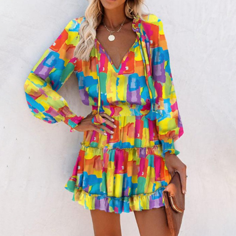Sissel - V Neck Ruffle Hem Mini Dress