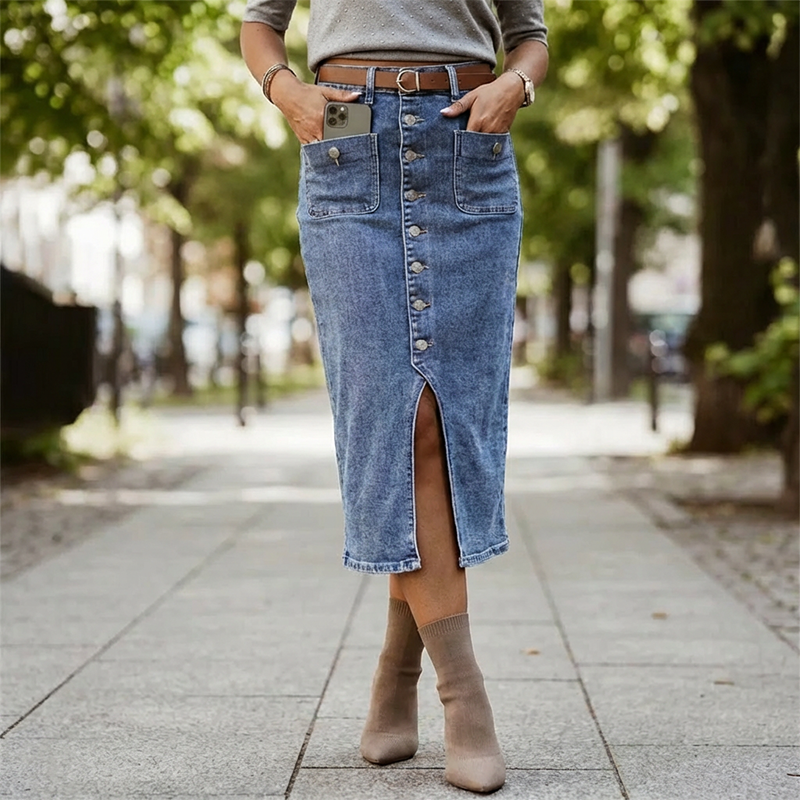 Ralisia | Denim Button Front Midi Skirt