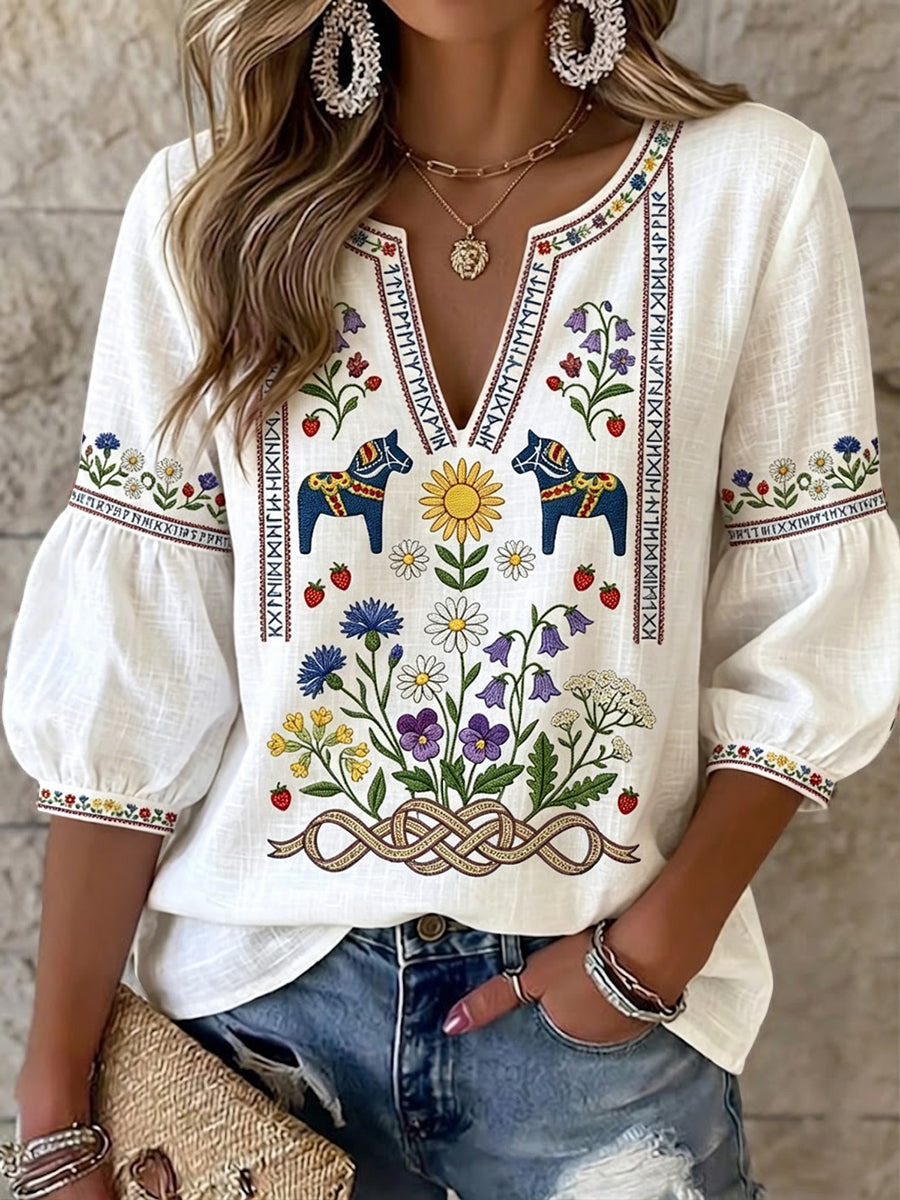 Nirilia | Embroidered V Neck Half Sleeve Top