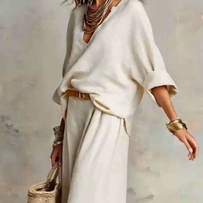 Ilaina - V Neck Wide Leg Trouser Set