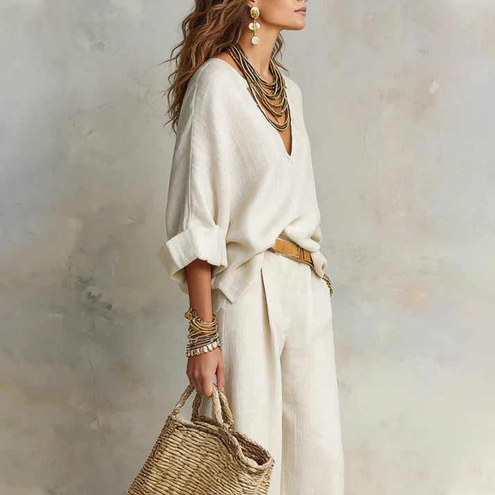 Ilaina - V Neck Wide Leg Trouser Set