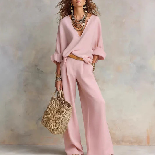 Ilaina - V Neck Wide Leg Trouser Set