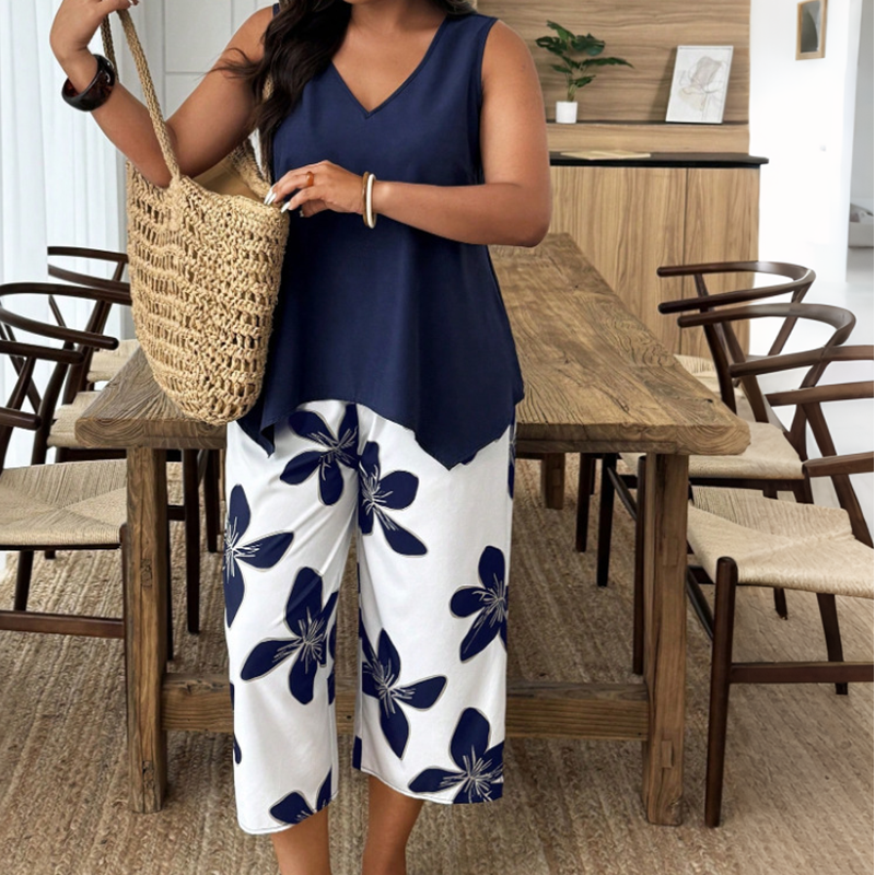Aniza | Sleeveless V-Neck Asymmetrical Top Capri Set