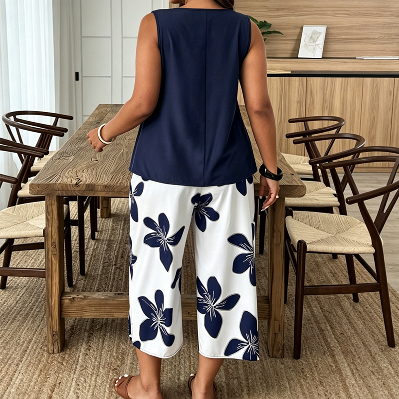 Aniza | Sleeveless V-Neck Asymmetrical Top Capri Set