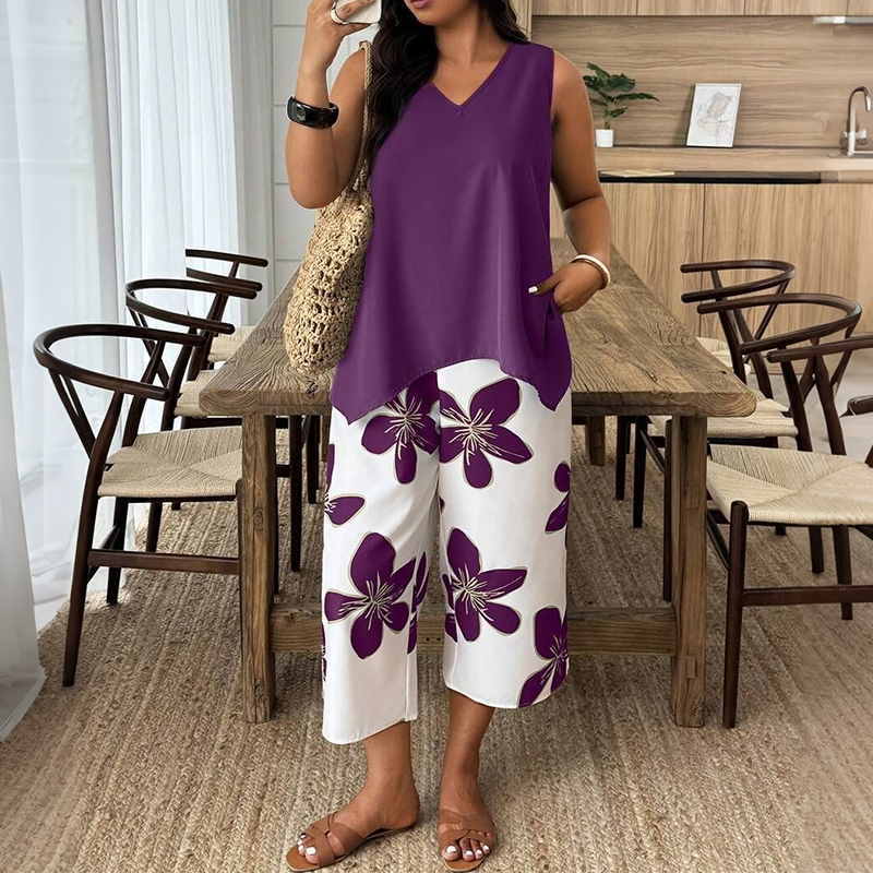 Aniza | Sleeveless V-Neck Asymmetrical Top Capri Set