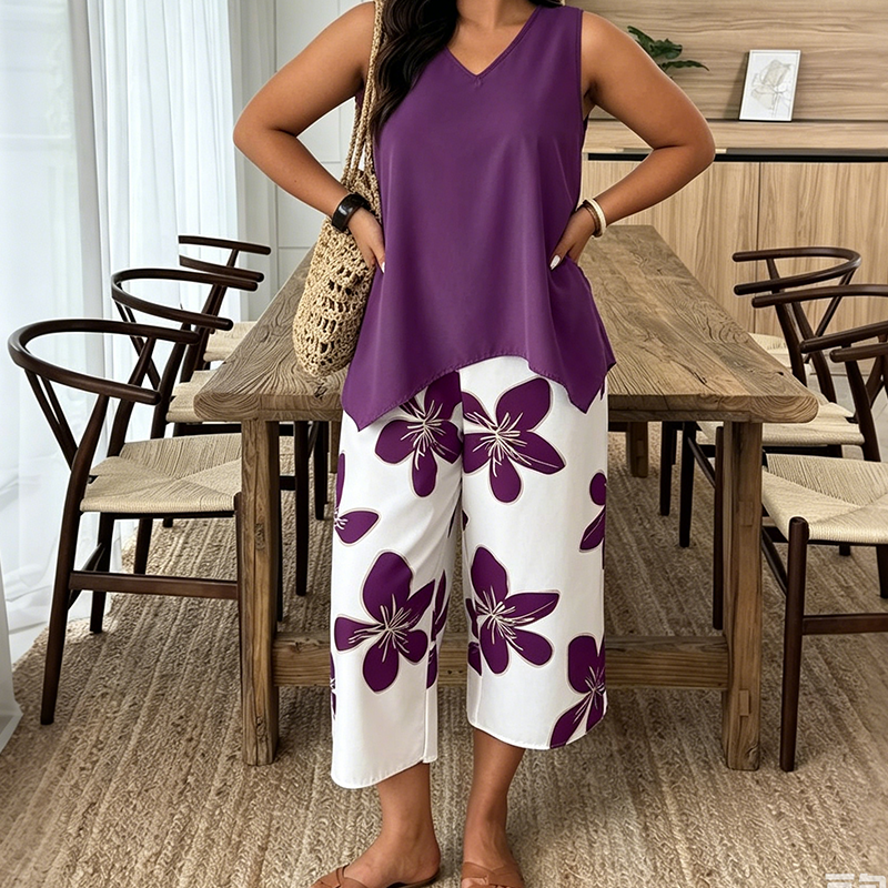Aniza | Sleeveless V-Neck Asymmetrical Top Capri Set