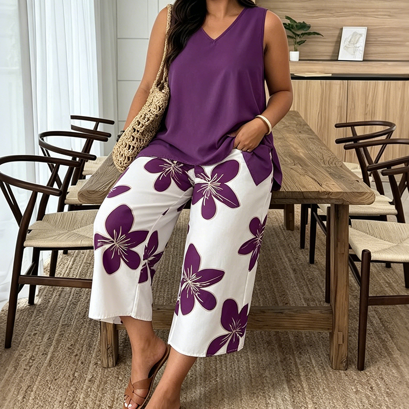 Aniza | Sleeveless V-Neck Asymmetrical Top Capri Set